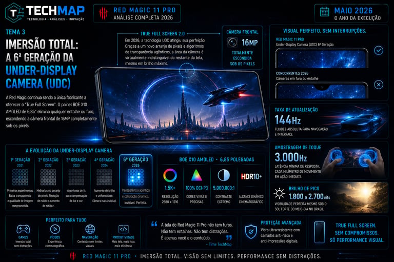 Red Magic 11 Pro infographic showing 6th generation under-display camera technology and BOE X10 AMOLED smartphone display