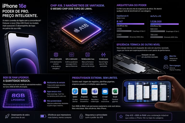 Infographic showing iPhone 16e features including the A18 chip, 8GB RAM LPDDR5X, and Geekbench benchmark performance.