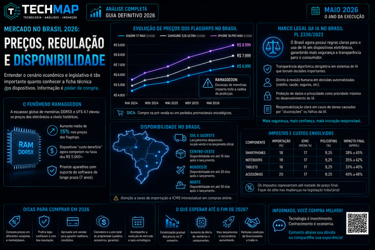 Infographic showing 2026 Brazil tech market trends, smartphone price evolution, and AI legal regulations.