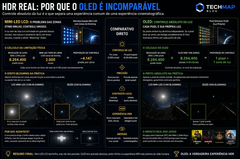 Infographic comparing Mini-LED LCD and OLED display technologies for HDR gaming performance with blooming effect visual