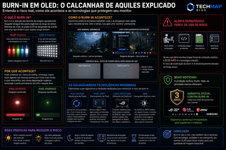 Infographic explaining OLED burn-in causes and prevention technologies like Pixel Refresh and Pixel Shift for monitor