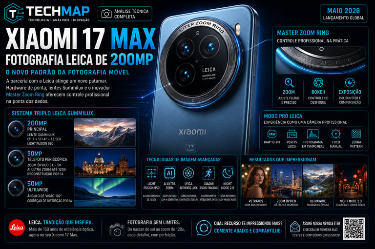 Infographic showing Xiaomi 17 Max features including 200MP Leica camera and Master Zoom Ring technology.