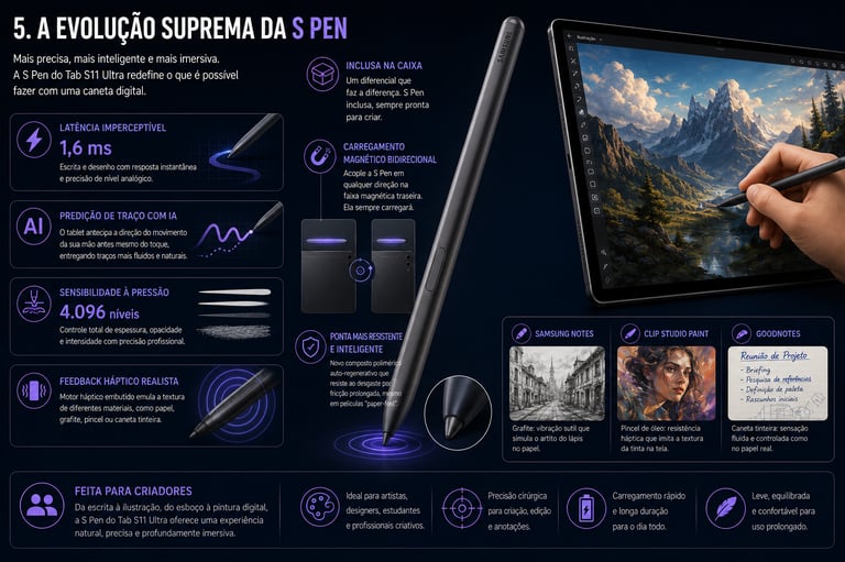 Infographic showing Samsung Galaxy Tab S11 Ultra S Pen features like low latency, AI stroke prediction, and pressure