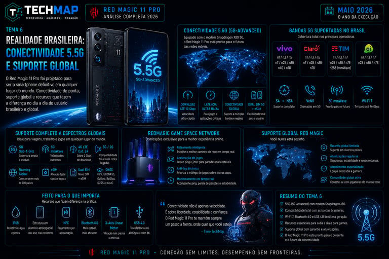 Infographic showing Red Magic 11 Pro 5G smartphone connectivity features, global network support, and gaming specs.