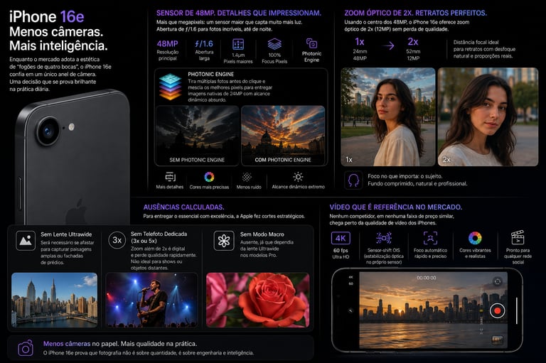 iPhone 16e camera specifications infographic detailing the 48MP main sensor, Photonic Engine, and 4K video capabilities.