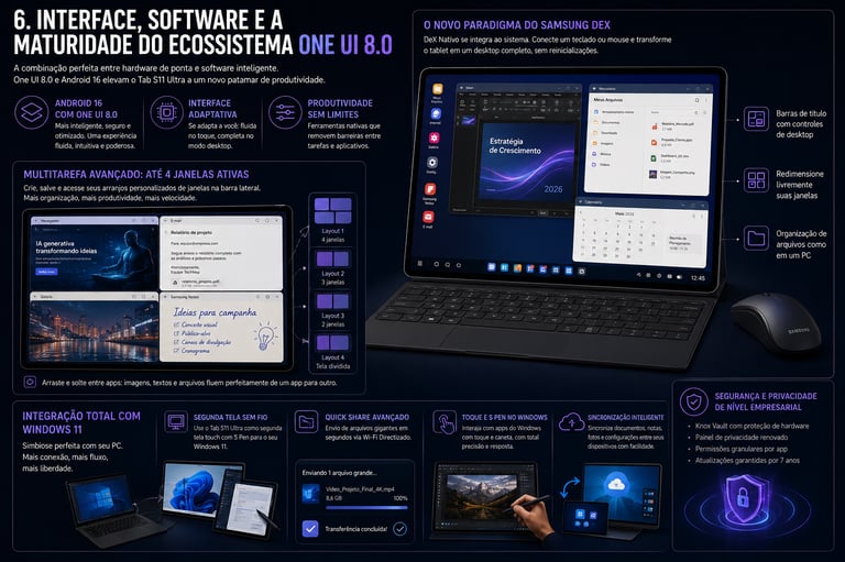 Infographic showing Samsung One UI 8.0 features on a Galaxy Tab S11 Ultra with DeX mode and Windows 11 integration.