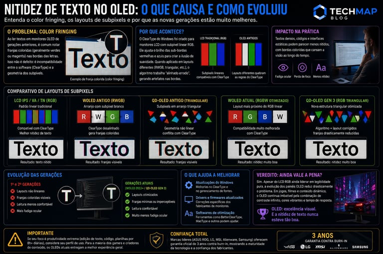 Infographic explaining OLED text fringing issues, subpixel layout comparisons, and QD-OLED evolution for improved display