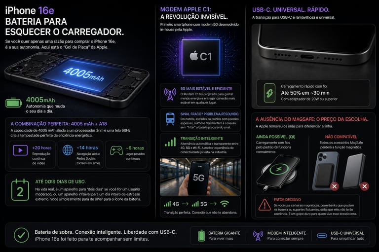 Infographic showing the iPhone 16e features including a 4005mAh battery, Apple C1 modem, and USB-C port.