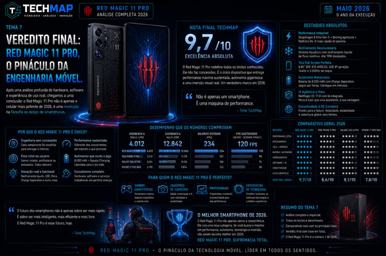 Red Magic 11 Pro review infographic displaying gaming smartphone specs, performance benchmarks, and high 9.7 tech score.