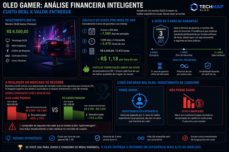 Infográfico comparativo de custo-benefício de monitor OLED Gamer com análise de depreciação e custo por hora de uso.