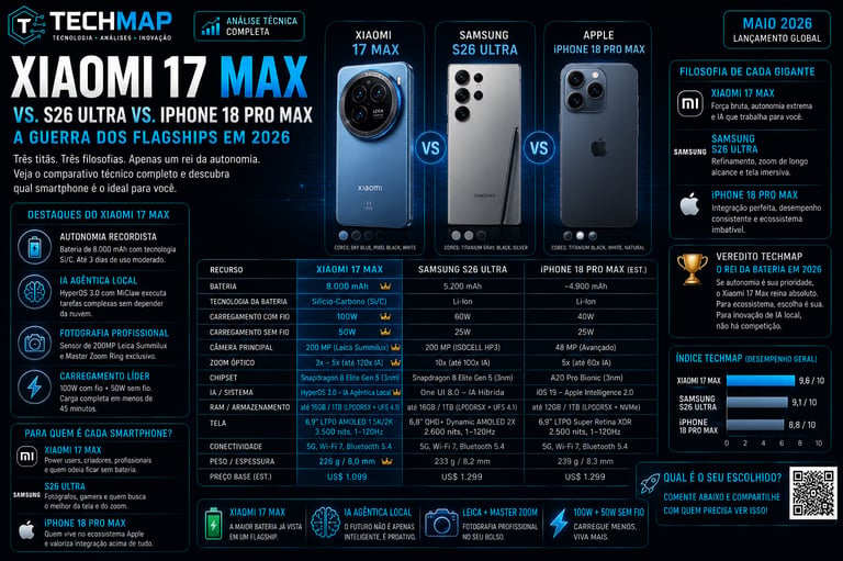 Comparison infographic of Xiaomi 17 Max, Samsung S26 Ultra, and iPhone 18 Pro Max smartphone specs.