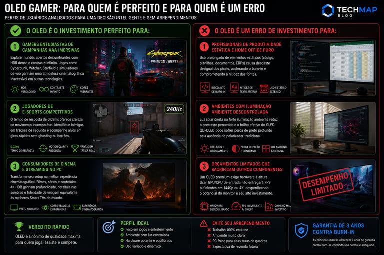 Infográfico comparativo sobre monitores OLED para gamers destacando vantagens em jogos e riscos de burn-in em produtividade.
