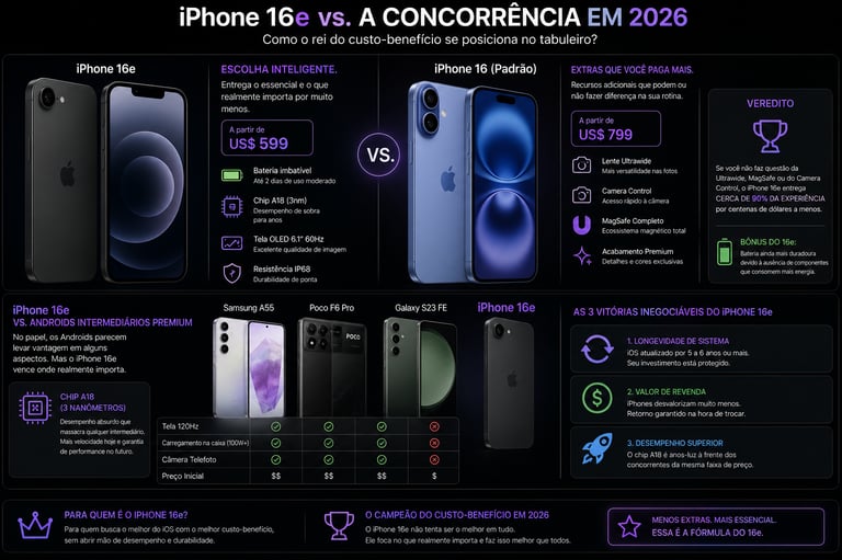 Infographic comparing iPhone 16e specs and price against iPhone 16 and Android competitors like Samsung A55.