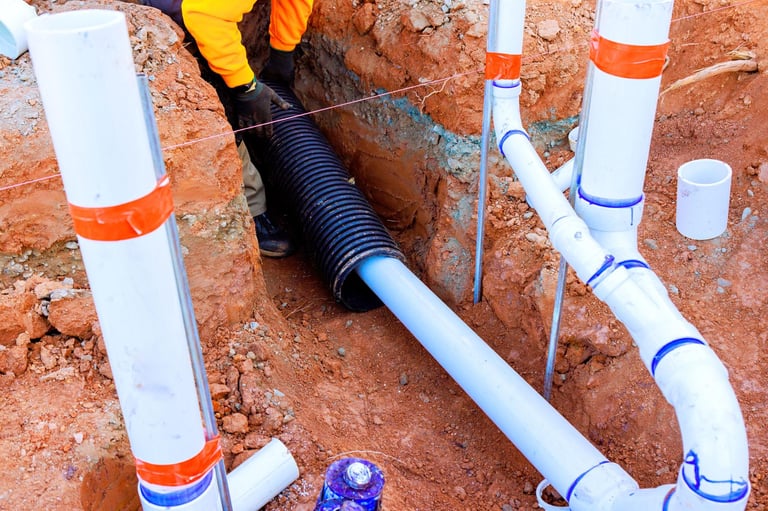 Stormwater pipe system installation with connected drainage pipes in residential ground