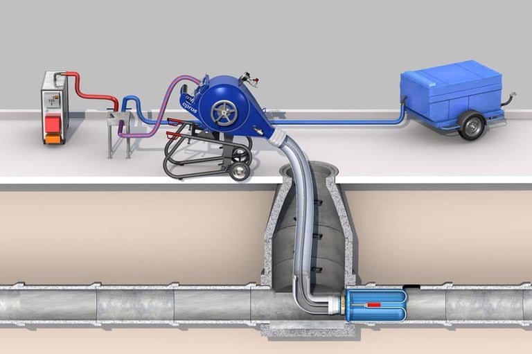 Pipe relining system diagram showing how trenchless technology repairs underground pipes