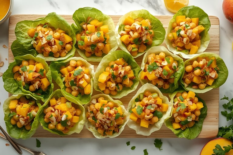 Chickpea and mango lettuce wraps, garnished with cilantro and almonds, presented beautifully on a wooden board.