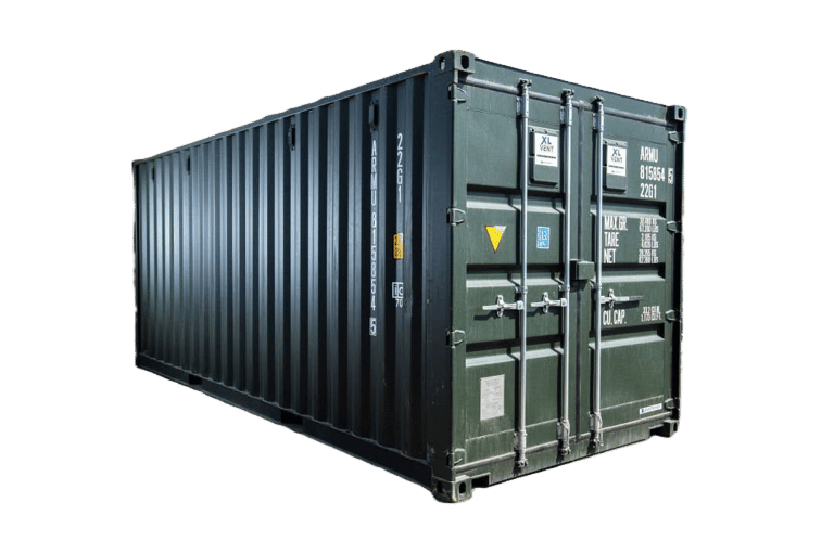 Industrial 20ft steel shipping container in dark green isolated on a black background for cargo storage.