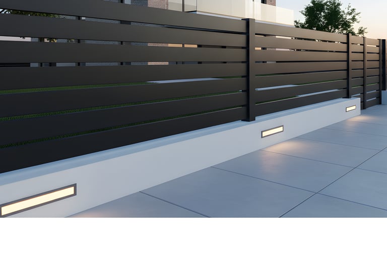 Cerramiento metálico modelo Fuga con lamas planas y separación uniforme para fachadas contemporáneas