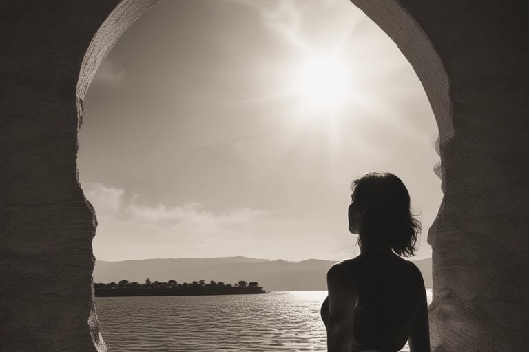 A serene woman sitting peacefully in a sunlit garden surrounded by soft greenery and blush pink flowers.