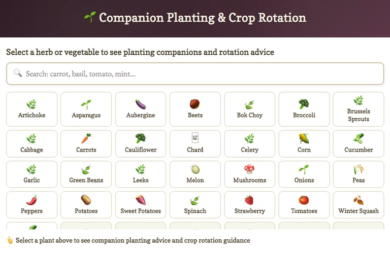 Screenshot of the Bo-tanics Plant Helper companion planting and crop rotation app