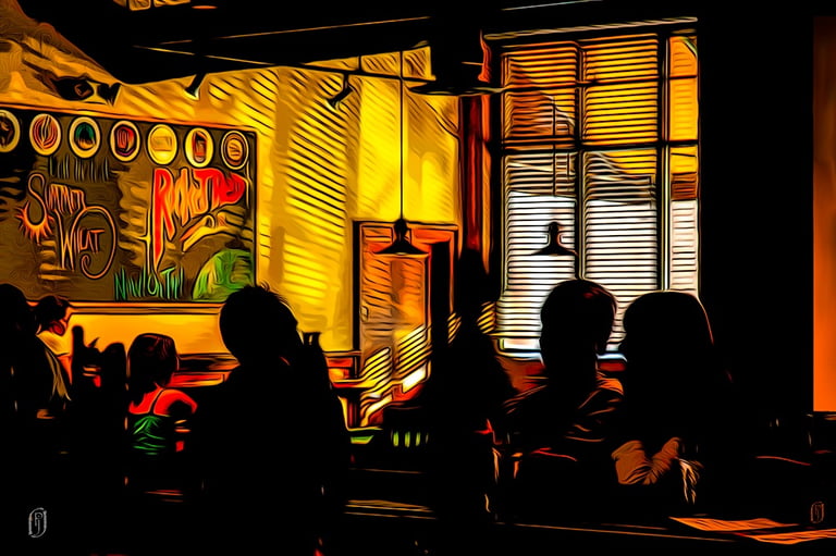 Photo art image of sun light cafe with silhouetted people