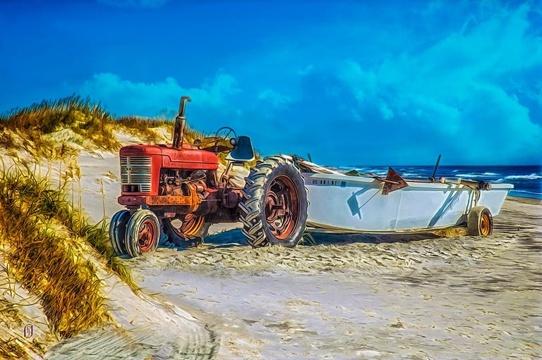 Photo art image of tractor and boat sitting among beach dunes
