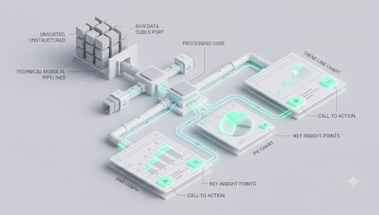 Isometric data visualization diagram showing raw data processing into bar graphs, pie charts, and trend line charts.