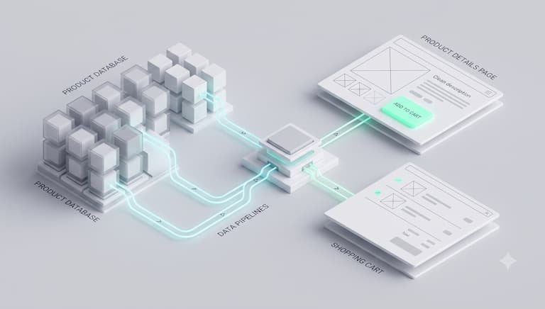 Isometric diagram of product database connecting via data pipelines to shopping cart and details page.