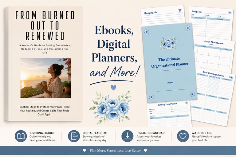 Collage featuring an ebook and digital planners with the text, “Ebooks,  digital planners, and more"