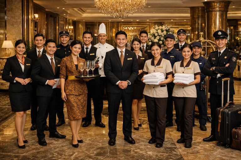 Professional luxury hotel staff team in uniforms smiling in a grand lobby.