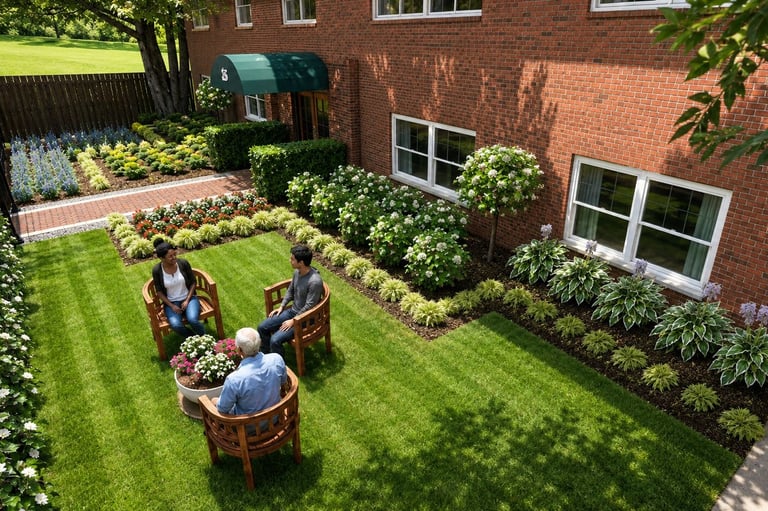 Condo front yard landscape design with brick walkway, seating area, green lawn, and formal garden beds