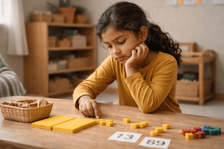 a girl focused-on-learning-with-base-ten-blocks-png