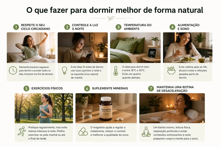 hábitos para dormir melhor de forma natural, ciclo circadiano, controle de luz, alimentação, exercícios e rotina noturna