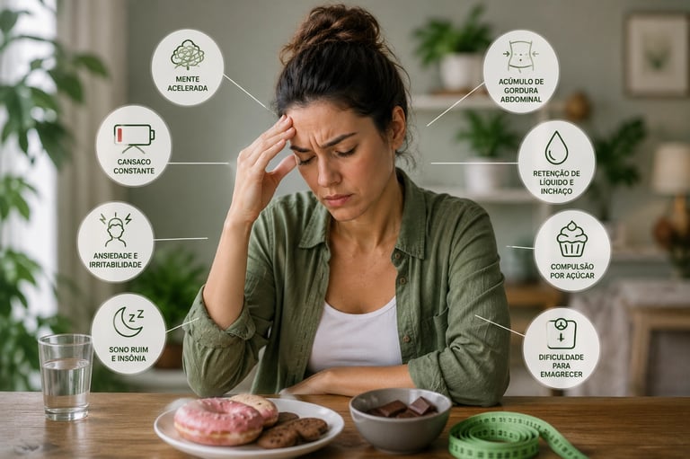 por que o cortisol fica alto corpo feminino fadiga, mente acelerada, retenção de líquido, sono ruim e gordura abdominal.