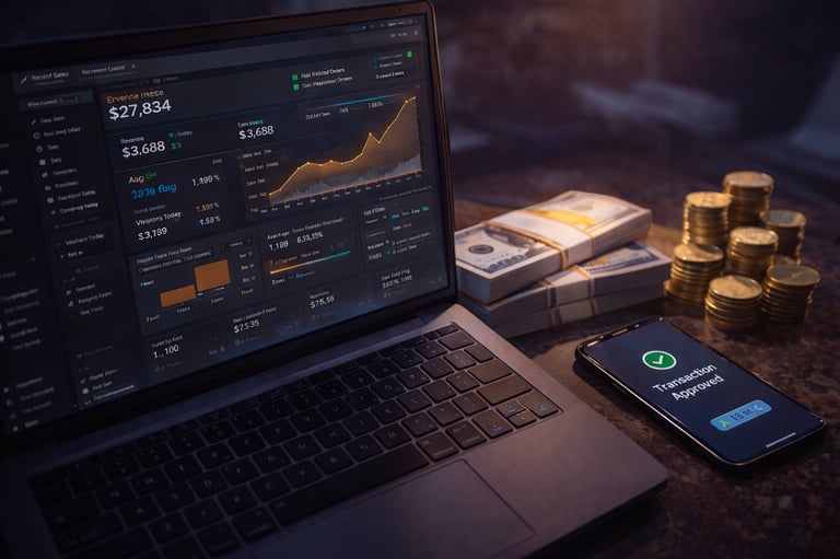 Business analytics dashboard with revenue growth charts and financial performance data