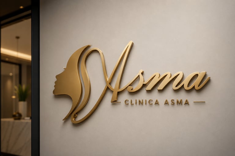 Luxury gold clinic signage design for Asma Clinica featuring elegant metallic lettering and premium wall-mounted branding.