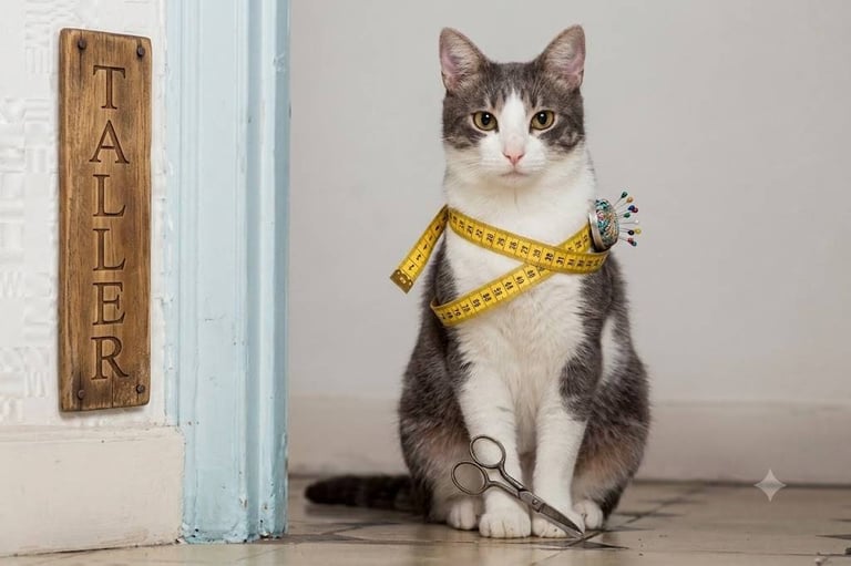 Gatito con cinta métrica en su taller de costura.