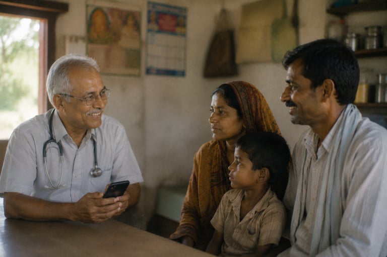 A rural doctor in India uses a smartphone during a medical consultation with a local family.