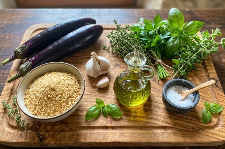 Fresh eggplants, olive oil, breadcrumbs, and herbs on a wooden cutting board for cooking.