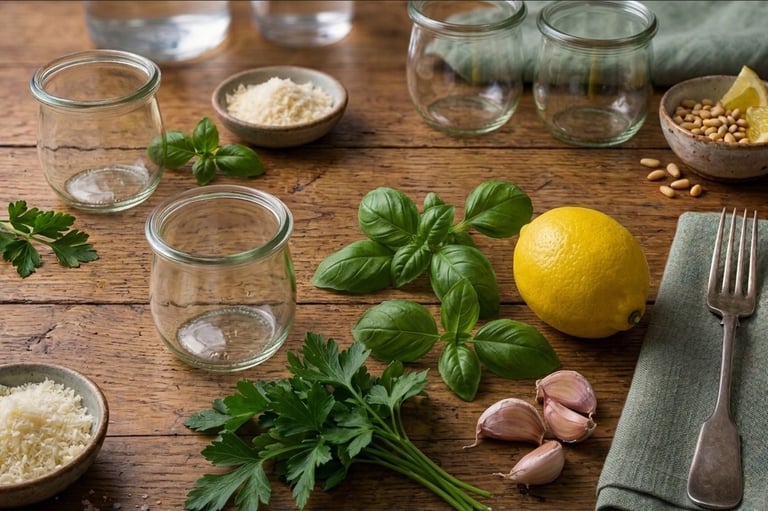 Fresh pesto ingredients like basil, garlic, lemon, and parmesan on a wooden table with glass jars.
