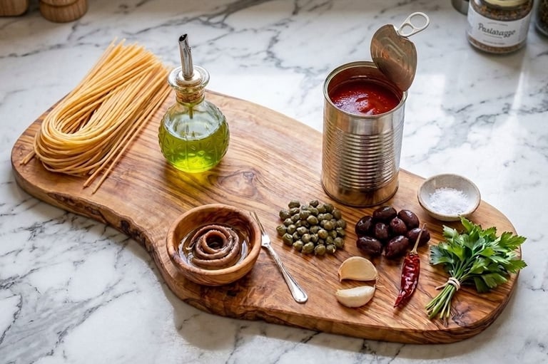 Ingredients for pasta puttanesca including spaghetti, olive oil, tomato sauce, anchovies, and capers on a wooden board.