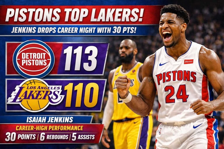 Pistons Vencem Lakers 113-110 e Jenkins Explode com 30 Pontos