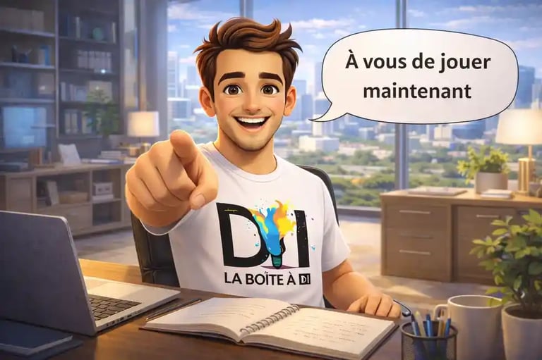 Illustration 3D style Pixar de Dam pointant l’utilisateur dans un bureau , invitant à passer à l’action