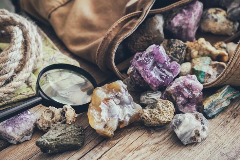 Una colección de cristales y minerales en bruto, incluyendo amatista y ágata