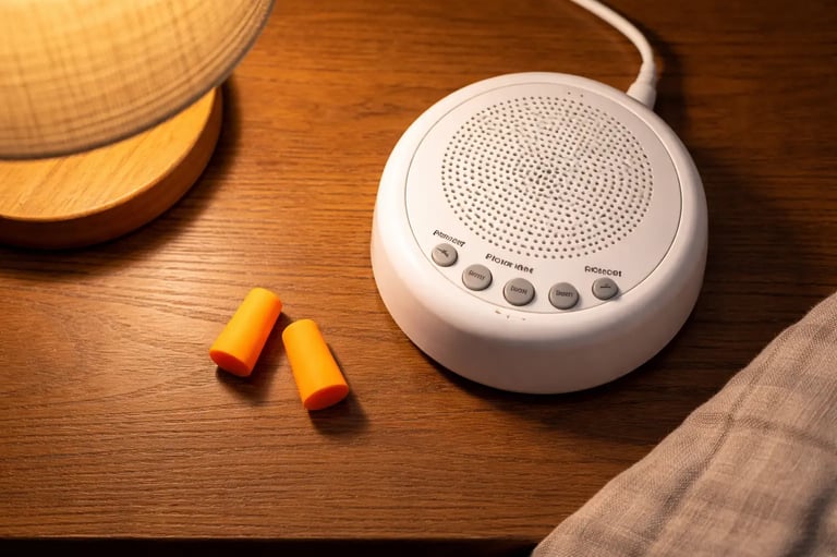 White noise machine and orange foam earplugs on a wooden bedside table with a warm lamp for better sleep.