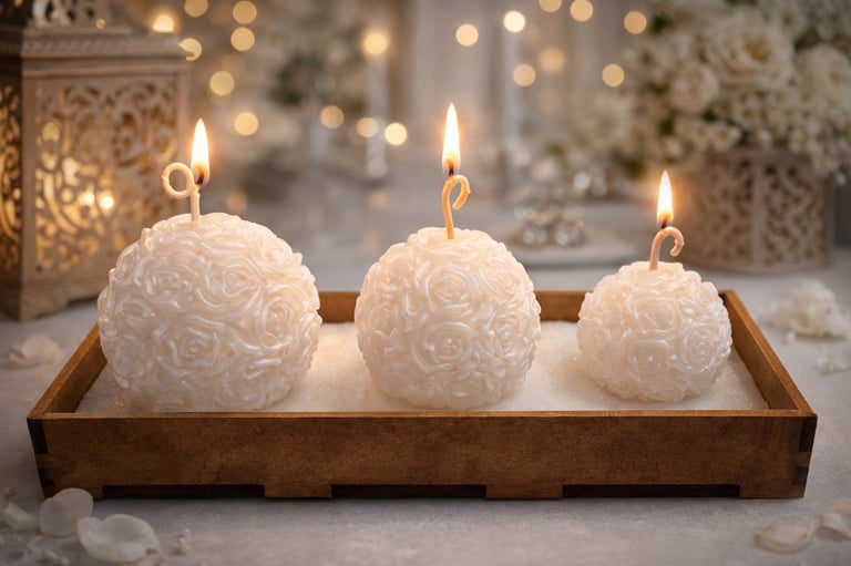 Three white rose-shaped decorative candles glowing in a wooden tray with bokeh fairy lights background.