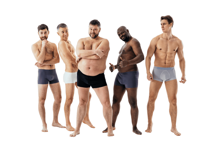 group of 5 men of different skin tones and sizes in their underwear 