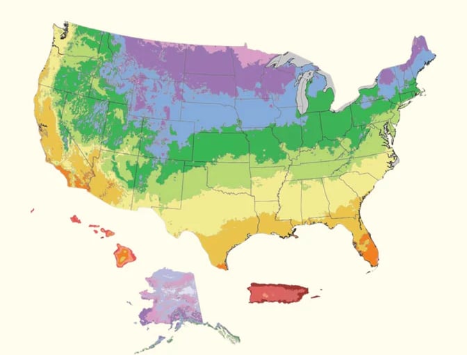 map of the U.S. with color-coded growing zones.