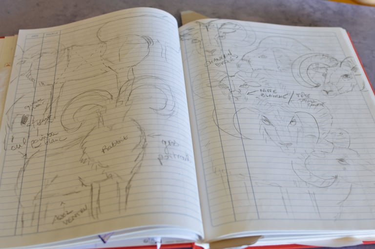 Croquis de peluches artisanales dans un carnet de création ouvert