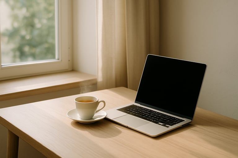 a laptop, a steaming cup of jasmine tea
